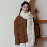 White Classic Textured Knit Scarf - Solid Color, Premium Soft Feel, Winter (176x26.5cm) - Front View