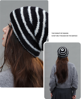 Trendy Dual-Tone Striped Beanie - Soft Plush Knit, Versatile Winter Cap (Black and white) - Side View
