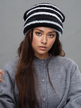 Trendy Dual-Tone Striped Beanie - Soft Plush Knit, Versatile Winter Cap (Black and white) - Top-Down View