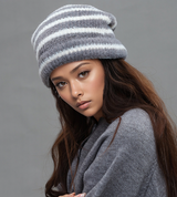 Trendy Dual-Tone Striped Beanie - Soft Plush Knit, Versatile Winter Cap (Gray and white) - Front View