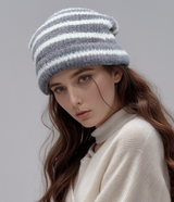 Trendy Dual-Tone Striped Beanie - Soft Plush Knit, Versatile Winter Cap (Gray and white) - Side View