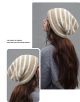 Trendy Dual-Tone Striped Beanie - Soft Plush Knit, Versatile Winter Cap (Khaki and white) - Front View