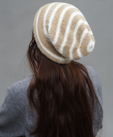 Trendy Dual-Tone Striped Beanie - Soft Plush Knit, Versatile Winter Cap (Khaki and white) - Side View