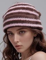Trendy Dual-Tone Striped Beanie - Soft Plush Knit, Versatile Winter Cap (Pink and brown) - Front View