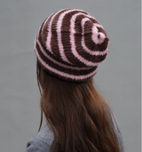 Trendy Dual-Tone Striped Beanie - Soft Plush Knit, Versatile Winter Cap (Pink and brown) - Side View