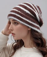 Trendy Dual-Tone Striped Beanie - Soft Plush Knit, Versatile Winter Cap (Brown and white) - Front View