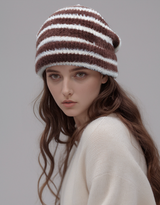 Trendy Dual-Tone Striped Beanie - Soft Plush Knit, Versatile Winter Cap (Brown and white) - Side View
