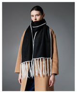 Black Contrast Edge & Tassel Scarf - Chic Autumn/Winter Neckwear (190x30cm) - Side View