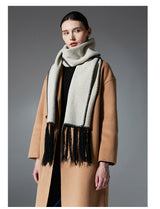 Beige Contrast Edge & Tassel Scarf - Chic Autumn/Winter Neckwear (190x30cm) - Side View