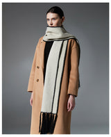 Beige Contrast Edge & Tassel Scarf - Chic Autumn/Winter Neckwear (190x30cm) - Top-Down View