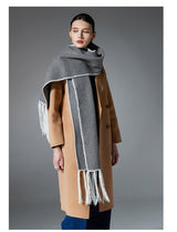 Gray Contrast Edge & Tassel Scarf - Chic Autumn/Winter Neckwear (190x30cm) - Front View