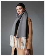 Gray Contrast Edge & Tassel Scarf - Chic Autumn/Winter Neckwear (190x30cm) - Side View