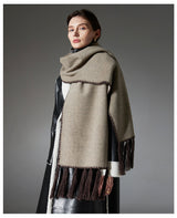 Dark brown Contrast Edge & Tassel Scarf - Chic Autumn/Winter Neckwear (190x30cm) - Front View