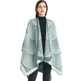 Green Geometric Print Cape - Cozy Knit Poncho for Women (165x130cm) - Top-Down View