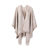 Khaki Geometric Print Cape - Cozy Knit Poncho for Women (165x130cm)
