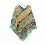 Light yellow-green Lightweight Chevron Knit Poncho for Women - Elegant Fringed Shawl Wrap - Front View