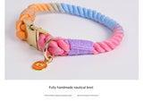 Handmade Gradient Rope Dog Collar & Leash Set - Colorful Braided Cotton (Pink - Size S) - Side View