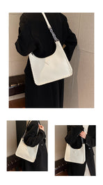 Beige Chic PU Leather Shoulder Bag with Chain Strap & Whipstitch Detail