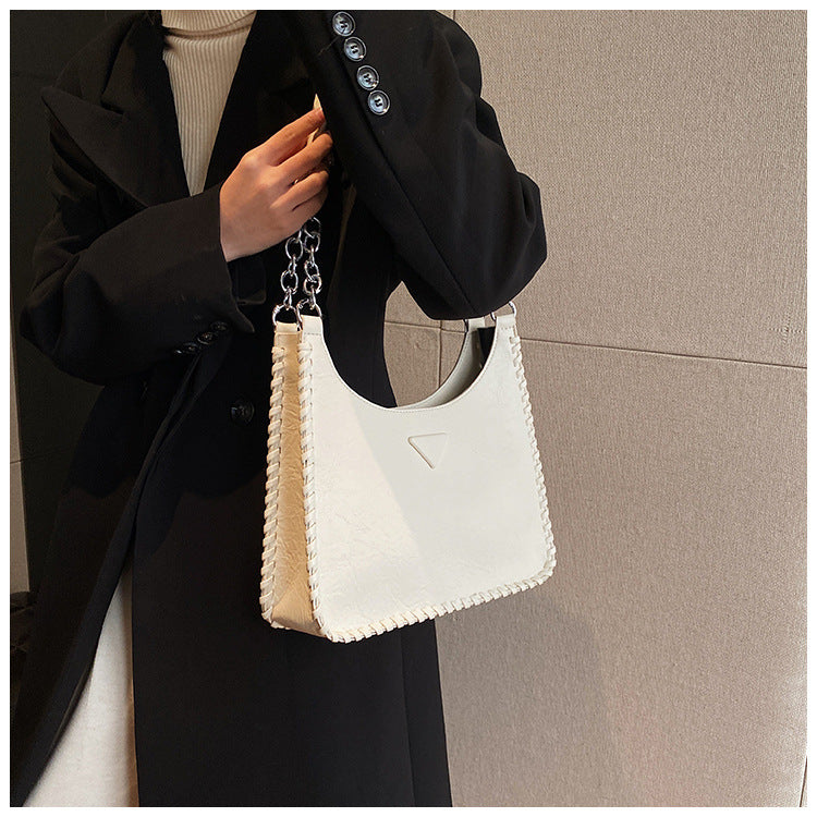 Beige Chic PU Leather Shoulder Bag with Chain Strap & Whipstitch Detail
