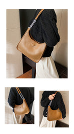 Brown Chic PU Leather Shoulder Bag with Chain Strap & Whipstitch Detail