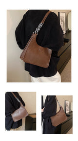Coffee Chic PU Leather Shoulder Bag with Chain Strap & Whipstitch Detail - Side View