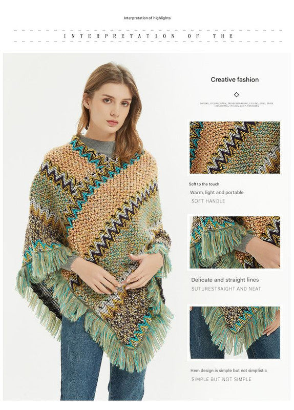 Rose red Lightweight Chevron Knit Poncho for Women - Elegant Fringed Shawl Wrap