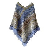Blue brown Lightweight Chevron Knit Poncho for Women - Elegant Fringed Shawl Wrap