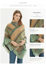 Blue brown Lightweight Chevron Knit Poncho for Women - Elegant Fringed Shawl Wrap - Side View