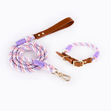 Premium Leather Pet Collar and Leash - Soft, Strong Braided Rope (Pink Purple - Size M) - Rear View