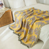 Yellow & Purple  Floral Woven Throw Blanket -  Chic Botanical Print with Tassels, Cotton Blend Sofa & Bed Cover - Front View
