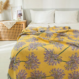 Yellow & Purple  Floral Woven Throw Blanket -  Chic Botanical Print with Tassels, Cotton Blend Sofa & Bed Cover - 45-Degree Angle
