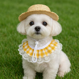 Khaki and Yellow 2 Sets Adorable Porch Goose & Small Pet Costume Set - 2 Summer Straw Hat & 2 Gingham Bib - Side View