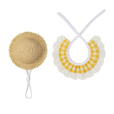 Khaki and Yellow 2 Sets Adorable Porch Goose & Small Pet Costume Set - 2 Summer Straw Hat & 2 Gingham Bib - Top-Down View