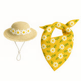 2 Sets Khaki and Yellow Daisy Delight Porch Goose & Small Pet Costume - 2 Summer Straw Hat & 2 Floral Bandana Set - Front View