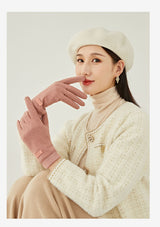 Pink Elegant Women's Wool Blend Winter Gloves - Cozy Fleece-Lined Touchscreen Warmth - Front View