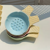 2 Pcs Yellow Adorable Ice Cream Cone Ceramic Slow Feeder Pet Bowl - Fun Anti-Gulp Design for Cats & Dogs - Side View