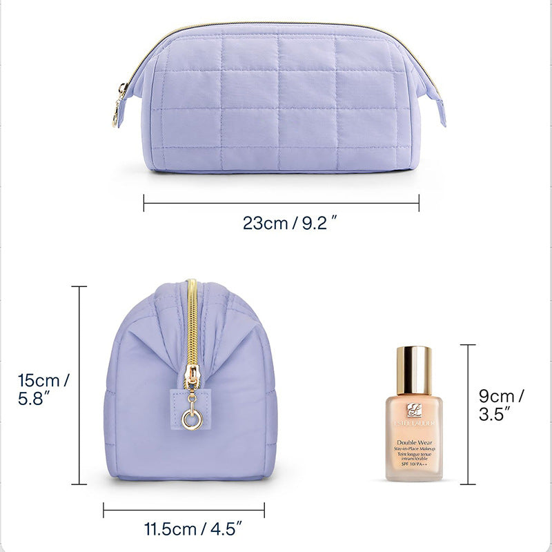 Purple Chic Quilted Puffer Makeup Bag - Large Capacity Travel Cosmetic Organizer with Wide Opening