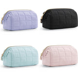 Black Chic Quilted Puffer Makeup Bag - Large Capacity Travel Cosmetic Organizer with Wide Opening - Front View
