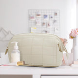 Black Chic Quilted Puffer Makeup Bag - Large Capacity Travel Cosmetic Organizer with Wide Opening - 45-Degree Angle