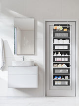 Grey Heavy Duty 5-Tier Over-The-Door Hanging Organizer - Space-Saving Storage with Clear Windows & Mesh Pockets - Close-Up Angle