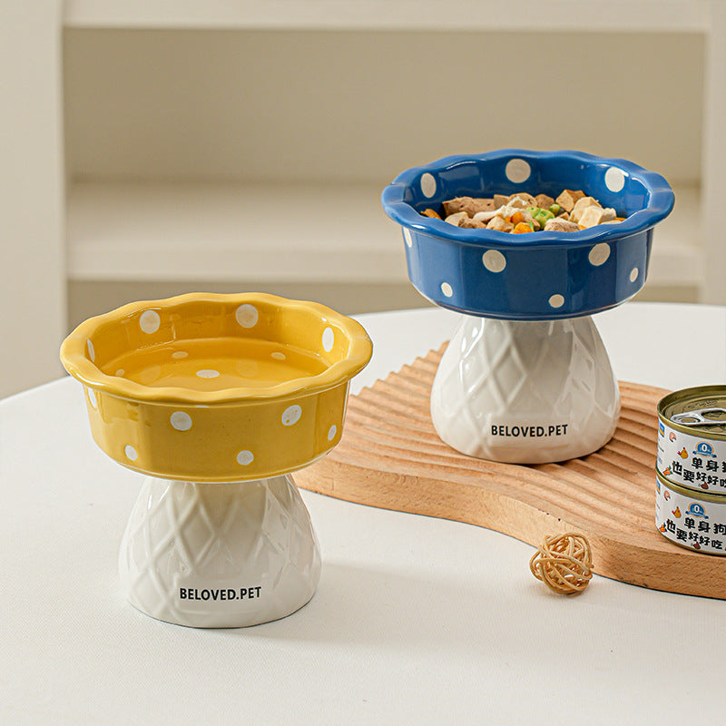 Red Adorable Mushroom Ceramic Elevated Cat Bowl - Anti-Vomiting & Spine Protecting Pet Feeder with Polka Dots