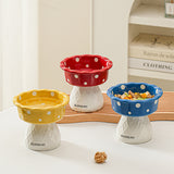 Yellow Adorable Mushroom Ceramic Elevated Cat Bowl - Anti-Vomiting & Spine Protecting Pet Feeder with Polka Dots - Front View