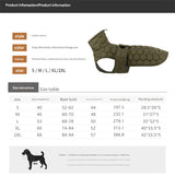 Size XL Olive Green Warm Quilted Dog Winter Coat - Adjustable Fleece-Lined Puffer Vest with Reflective Trim & Leash Port - Top-Down View