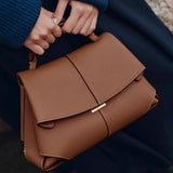 Beige Elegant Womens Genuine Cowhide Leather Top Handle Satchel - Chic Flap Crossbody Shoulder Bag - Top-Down View