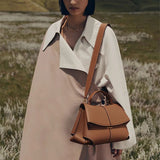 Beige Elegant Womens Genuine Cowhide Leather Top Handle Satchel - Chic Flap Crossbody Shoulder Bag - Rear View