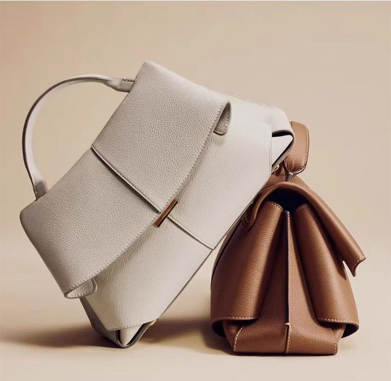 Beige Elegant Womens Genuine Cowhide Leather Top Handle Satchel - Chic Flap Crossbody Shoulder Bag