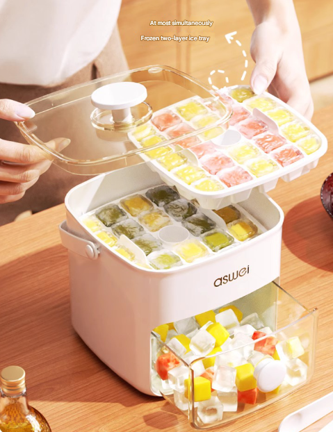Blue Innovative Press-Release Ice Cube Maker - Dual Layer Trays & Storage Bin (48 Cubes)