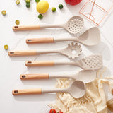 Beige Elegant 7-Piece Silicone Kitchen Utensil Set with Wooden Handles & Rose Gold Stand - Non-Stick Cookware Safe - Side View