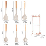 Beige Elegant 7-Piece Silicone Kitchen Utensil Set with Wooden Handles & Rose Gold Stand - Non-Stick Cookware Safe - Top-Down View
