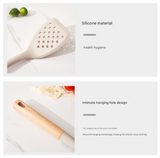 Beige Elegant 7-Piece Silicone Kitchen Utensil Set with Wooden Handles & Rose Gold Stand - Non-Stick Cookware Safe - Rear View